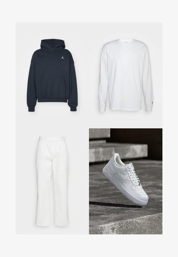 Zwarte hoodie van katoen met een kangoeroezak, relaxte pasvorm en een klein wit Jumpman-logo op de linkerkant van de borst.; Witte lange mouwen T-shirt van katoen. Ronde hals ontwerp met ribgebreide manchetten en een klein logo op de linkermouw. Gladde textuur.; Witte katoenen broek met een recht model, riemlussen en zijzakken, met een gladde textuur en minimale detaillering.; Witte Nike Air Force 1 sneaker met gegraveerde sterrenpatronen en een metalen ster-veterbedel, zwevend boven een betonnen oppervlak.