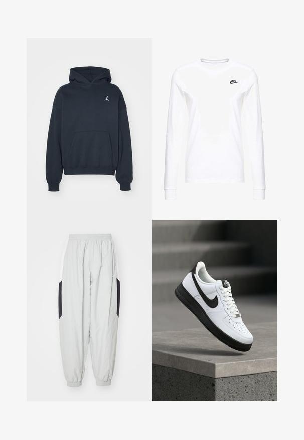 Zwarte hoodie van katoen met een kangoeroezak, relaxte pasvorm en een klein wit Jumpman-logo op de linkerkant van de borst.; Witte lange mouwen T-shirt van katoen, met een klein zwart Nike-logo op de linkerkant van de borst en een ronde halslijn. Gladde textuur.; Lichtgrijze joggingbroek van lichtgewicht stof, met een elastische tailleband en boorden, en contrasterende zwarte en witte zijpanelen.; Witte leren sneaker met zwarte accenten, afgeronde neus en geperforeerde details. Zwarte rubberen zool met een gestructureerd patroon en vetersluiting.