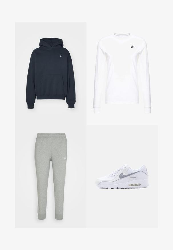 Zwarte hoodie van katoen met een kangoeroezak, relaxte pasvorm en een klein wit Jumpman-logo op de linkerkant van de borst.; Witte lange mouwen T-shirt van katoen, met een klein zwart Nike-logo op de linkerkant van de borst en een ronde halslijn. Gladde textuur.; Grijze trainingsbroek van zacht materiaal, met een taps toelopend ontwerp, elastische tailleband en klein wit Nike-logo op de linker bovenbeen.; Witte en grijze Nike Air Max sneaker met zichtbare luchtdemping in de zool, een bovenwerk van mesh en leer, en de Nike Swoosh aan de zijkant.