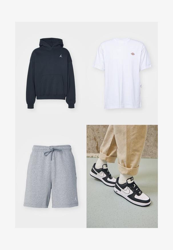 Sort hættetrøje lavet af bomuld med en kængurulomme, afslappet pasform og et lille hvidt Jumpman-logo på venstre brystområde.; Hvid bomulds t-shirt med v-hals og korte ærmer. Har et lille farverigt broderet logo på venstre bryst. Blød tekstur.; Grå svedshorts lavet af blødt stof, med en elastisk talje og snoretræk samt et diskret logo på den nederste venstre ben.; Sorte og hvide Nike Air Force 1 sneakers med læderoverdel, perforeret tå og tekstureret såldetalje, båret med rullede beige bukser og hvide sokker.