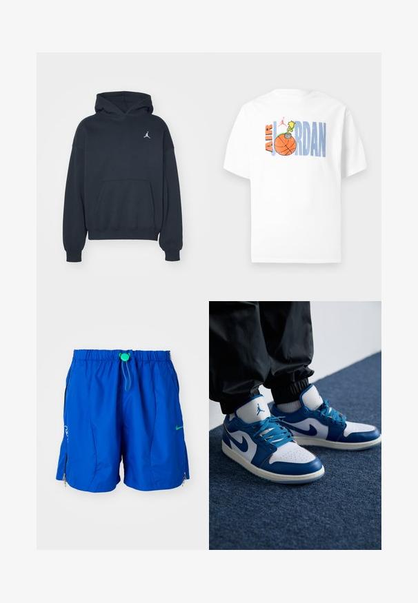 Haut à capuche noir en coton avec une poche kangourou, coupe décontractée, et un petit logo Jumpman blanc sur la partie gauche de la poitrine.; T-shirt en coton blanc avec un design graphique coloré comprenant "Air Jordan", un ballon de basket et un détail explosif cartoon.; Shorts de bain de sport bleus avec taille élastique et cordon de serrage ajustable. Comprend des poches zippées et un accent de logo sur le devant.; Les baskets Nike Air Jordan présentent une base en cuir blanc avec des accents en synthétique bleu, une boîte à orteils perforée et des lacets bleus.