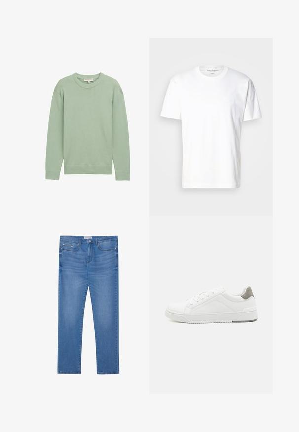 Lys grøn, langærmet sweater med rund halsudskæring og ribbede manchetter og kant, præsenteret på en ensfarvet baggrund.; Hvid bomulds t-shirt med rund hals og korte ærmer. Har en diskret logo detalje på fronten. Glat tekstur, afslappet pasform.; Lyseblå denimjeans med lige ben, femlommes design, subtil falming og metalbeslag ved taljen og lommerne.; Hvid sneaker lavet af glat læder, rund tå, minimalistisk design, grå hælafsats og tekstureret gummisål.