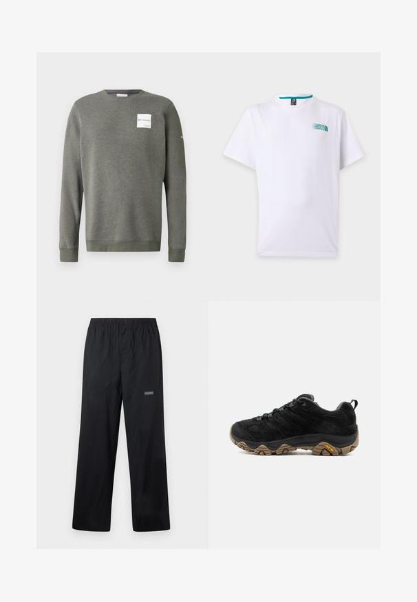 Olivgrüner Sweatshirt aus weichem Stoff, mit Rundhalsausschnitt, langen Ärmeln und einem rechteckigen weißen Logo-Patch auf der Vorderseite.; Weißes T-Shirt mit kurzen Ärmeln, kleinem türkisen The North Face-Logo auf der linken Brust und rundem Ausschnitt.; Schwarze, leichte Outdoor-Hose mit elastischem Bund, vorderem Knopf, zwei Fronttaschen und kleinem Columbia-Logo am rechten Oberschenkel.; Schwarzer Wanderschuh mit robuster brauner Vibram-Sohle, Mesh- und Wildleder-Obermaterial, Schnürdesign und hinterer Zuglasche, von der Außenseite gezeigt.