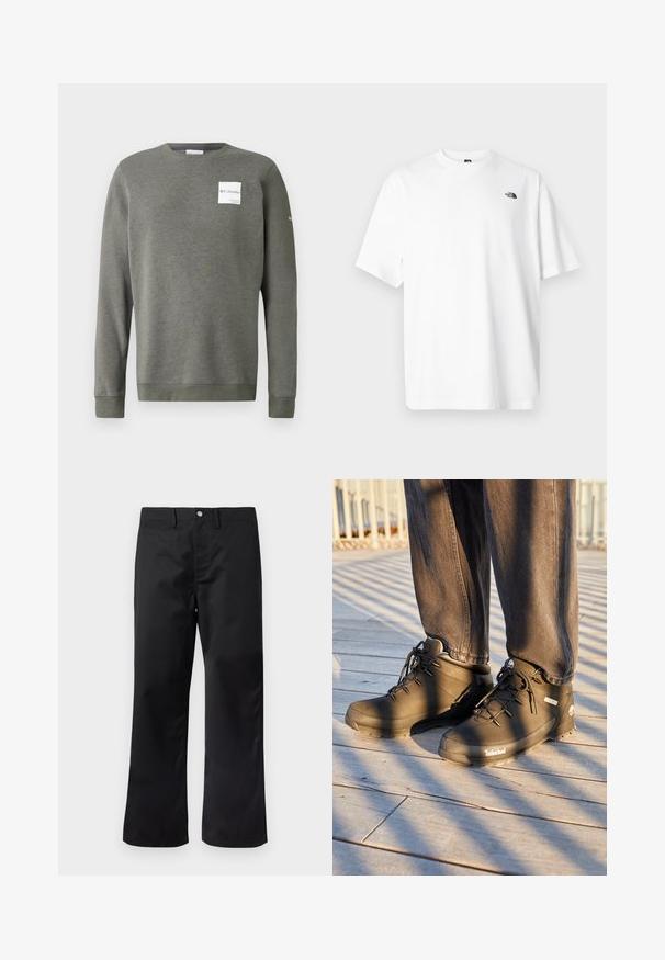 Oliven grøn sweatshirt lavet af blødt stof, med rund hals, lange ærmer og et rektangulært hvidt logo-patch på fronten.; Hvid bomuld t-shirt med korte ærmer, V-udskæring, med en lille sort logo på øverste venstre side. Blød tekstur, afslappet pasform.; Sorte bukser med lige ben, lavet af glat stof. Har sidelommer og knaplukning i taljen.; Sorte Timberland vandrestøvler har et højt design, struktureret overflade og runde snørebånd, sat mod en trægulv baggrund.