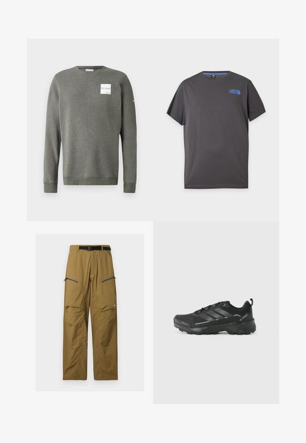 Olivgrüner Sweatshirt aus weichem Stoff, mit Rundhalsausschnitt, langen Ärmeln und einem rechteckigen weißen Logo-Patch auf der Vorderseite.; Dunkelgraues T-Shirt mit kurzen Ärmeln und Rundhalsausschnitt mit kleinem blauem The North Face-Logo auf der oberen linken Brust vor weißem Hintergrund.; Khakifarbene Outdoor-Hose mit schwarzem verstellbarem Gürtel, zwei Reißverschluss-Oberschenkeltaschen und Knie-Nähten, auf einfachem Hintergrund dargestellt.; Schwarzer Sportschuh mit einem strukturierten Obermaterial aus Stoff, drei silbernen Streifen, verstärkter Zehenpartie und einer robusten Gummisohle für besten Halt.