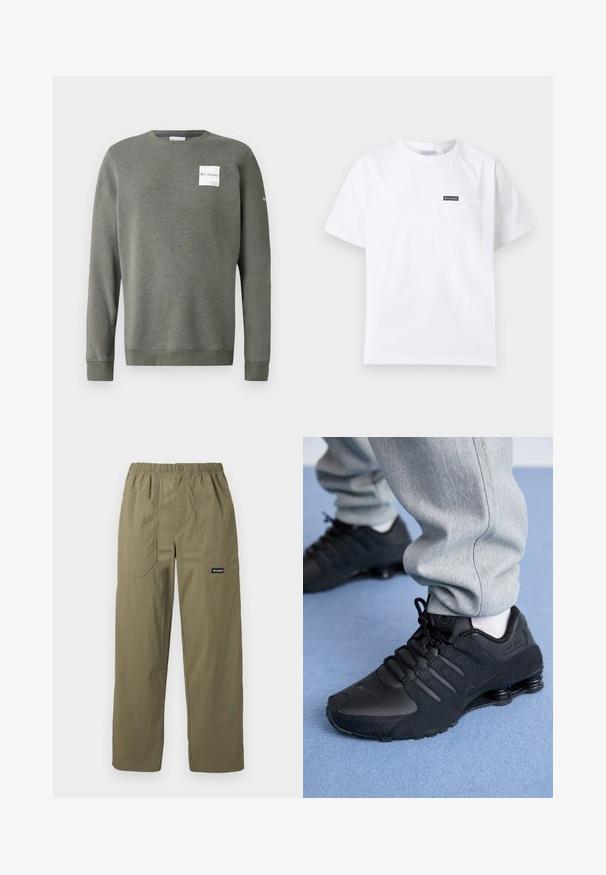 Olivgrüner Sweatshirt aus weichem Stoff, mit Rundhalsausschnitt, langen Ärmeln und einem rechteckigen weißen Logo-Patch auf der Vorderseite.; Weißes T-Shirt mit kurzen Ärmeln und Rundhalsausschnitt, verfügt über eine kleine Brusttasche mit einem schwarzen Columbia-Logo-Patch.; Olivgrüne, gerade geschnittene Hose mit elastischem Bund, vorderen aufgesetzten Taschen, Knopfverschluss und Columbia-Logo auf der rechten Tasche.; Person in schwarzen Nike Shox Sneakers und grauen Jogginghosen, der auf einem hellblauen Teppich steht.