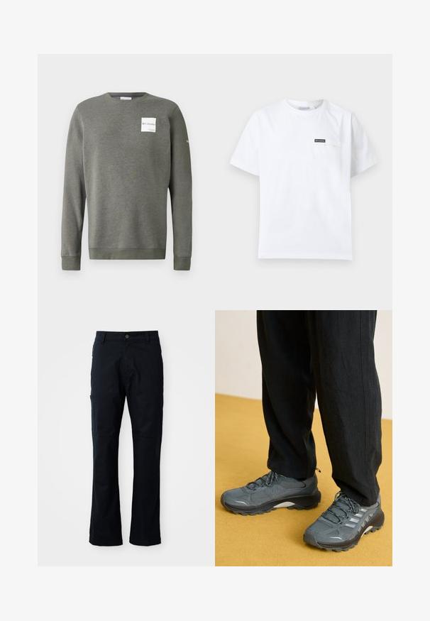 Olijfgroene sweatshirt van zacht materiaal, met een ronde hals, lange mouwen en een rechthoekig wit logo op de voorkant.; Wit T-shirt met korte mouwen en een ronde hals, voorzien van een klein borstzakje met een zwarte Columbia-logo patch.; Donkerblauwe broek van een katoenmix, met een rechte snit, ritszak aan de zijkant en subtiele stikseldetails.; Grijze net- en synthetische sportschoenen met een opvallend profiel, reflecterende accenten en een vetersluiting, gecombineerd met losse zwarte broek.