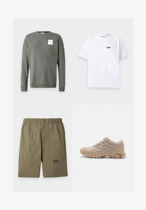 Olivgrüner Sweatshirt aus weichem Stoff, mit Rundhalsausschnitt, langen Ärmeln und einem rechteckigen weißen Logo-Patch auf der Vorderseite.; Weißes T-Shirt mit kurzen Ärmeln und Rundhalsausschnitt, verfügt über eine kleine Brusttasche mit einem schwarzen Columbia-Logo-Patch.; Olivgrüne Columbia-Brand-Shorts mit elastischem Bund, vorderen Taschen und Knopfverschluss auf hellem Hintergrund.; Beige Sport Schuh mit einem strukturierten Mesh-Obermaterial, synthetischen Überzügen und einer Vibram-Sohle. Verfügt über ein Schnürsystem und seitliche Paneeldetails.
