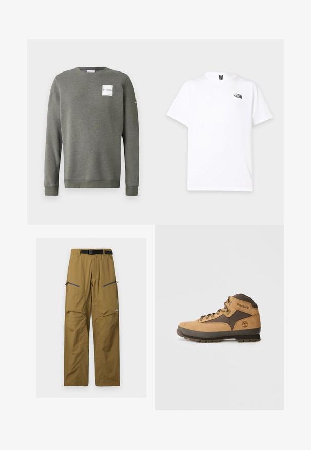 Sweatshirt vert olive en tissu doux, doté d'un col rond, de manches longues et d'un patch logo rectangulaire blanc à l'avant.; T-shirt blanc à manches courtes avec col rond et petit logo noir The North Face sur la partie supérieure gauche de la poitrine.; Pantalon de plein air kaki avec ceinture noire réglable, deux poches zippées sur les cuisses et coutures au niveau des genoux, présenté sur un fond uni.; Botte de randonnée en daim marron avec des accents brun foncé, œillets en métal et semelle antidérapante. Logo Timberland embossé sur le côté. Design mi-haut.
