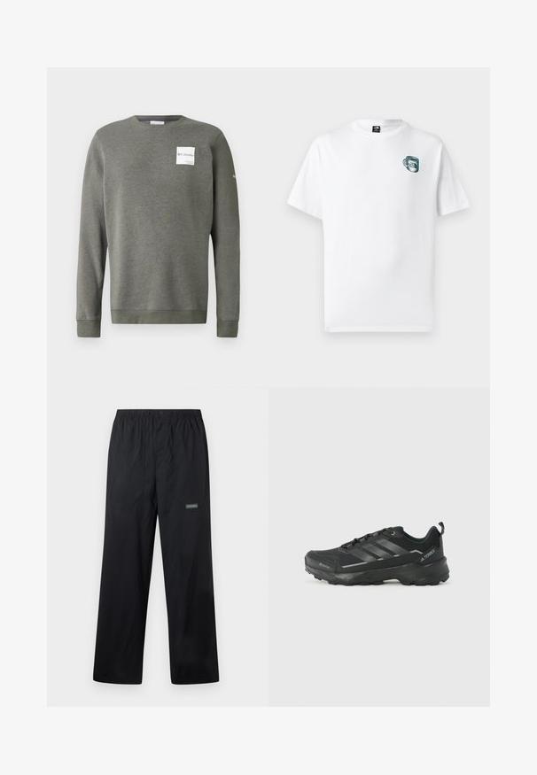 Olijfgroene sweatshirt van zacht materiaal, met een ronde hals, lange mouwen en een rechthoekig wit logo op de voorkant.; Wit T-shirt met korte mouwen met een kleine groene bekerafbeelding en het "The North Face" logo op de linkerborst.; Zwarte lichte outdoorbroek met elastische tailleband, voorste knoop, twee voorzakken en klein Columbia-logo op de rechterdij.; Zwarte sportschoen met een gestepeld stoffen bovenwerk, drie zilveren strepen, versterkte neus en een robuuste rubberen zool voor tractie.