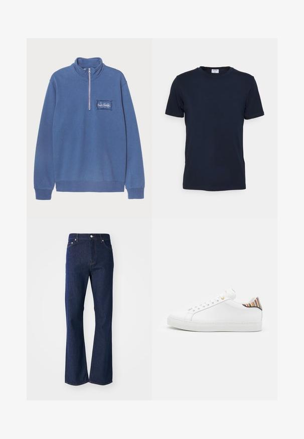 Blauwe sweatshirt met een hoge kraag en halve ritssluiting. Geborduurd logo op de linkerkant van de borst en ribgebreide manchetten en zoom. Zachte katoenmix stof.; Marineblauwe crewneck t-shirt gemaakt van zachte stof. Korte mouwen met een klassieke pasvorm, met een label aan de hals. Soepele textuur, minimale uitstraling.; Flared donkerblauwe jeans gemaakt van denim. Beschikt over vijf zakken, een ritssluiting aan de voorkant en een metalen knoopsluiting. Klassieke stikselaccenten.; Witte leren sneaker met een gladde afwerking, voorzien van een kleurrijke gestreepte accent op de hiel, gouden oogjes en een vlakke witte zool.