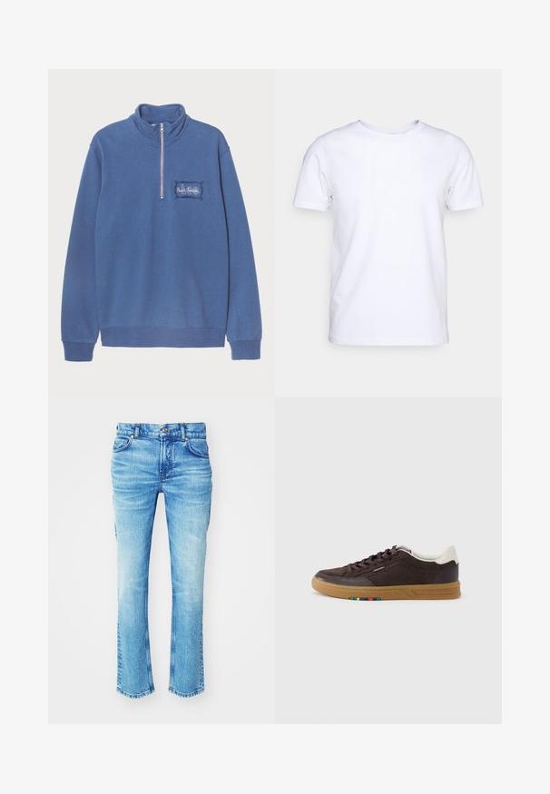 Blaues Sweatshirt mit hohem Kragen und halbem Reißverschluss. Besticktes Logo-Detail auf der linken Brust sowie gerippte Bündchen und Saum. Weicher Baumwollmix-Stoff.; Weißes T-Shirt mit kurzen Ärmeln aus Baumwollstoff und rundem Halsausschnitt. Schlichtes Design ohne Muster oder Akzente. Glatte Textur.; Blaue Jeans aus Denim mit einem ausgewaschenen Look, geradem Bein und rohem Saum. Verfügt über einen Fünf-Taschen-Stil und Metallknopf-Details.; Dunkelbrauner Wildleder-Sneaker mit Gummisohle, weißem Fersenlaschen, Schnürdesign und kleinem mehrfarbigem Detail an der Seite der Sohle.
