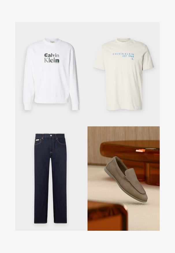 Hvid sweatshirt med ribbede manchetter og kant, der har et stort grønt "Calvin Klein" logo i en moderne skrifttype trykt på fronten.; Kremfarvet t-shirt med korte ærmer og rund hals, med lyseblåt tekst "CALVIN KLEIN EST. 1968" og lille "CK" logo på brystet.; Mørkeblå denimjeans med lige skæring, et klassisk fem-lomme design og kontrast orange syninger. Har en metal knaplukning.; Beige ruskind slip-on loafer med synlige syninger og lys sål, placeret over cremefarvet tæppe med orange gennemsigtigt møbel i baggrunden.