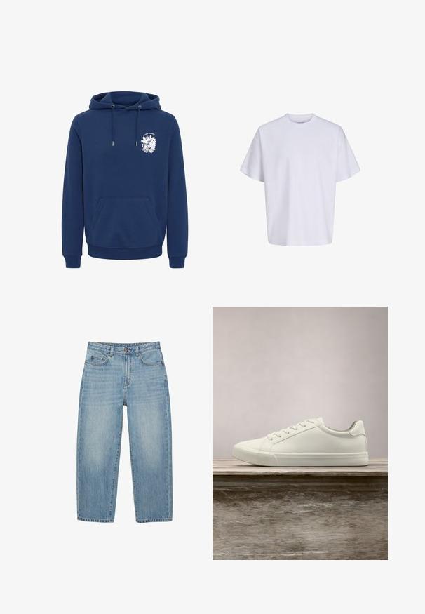 Marineblå hættejakke lavet af blødt stof, med en front kanguro lomme, snore-i-hætten og et hvidt grafisk tryk på brystet.; Simpel hvid oversized t-shirt med korte ærmer, rund hals og løs pasform mod en hvid baggrund.; Lyseblå denimjeans med lige ben, forsideknapper, lynlås og fem-lommer-design på hvid baggrund.; Hvide snørresneakers svævende over en træbænk med grønne planter i baggrunden, der fremhæver skodesign og tekstur.