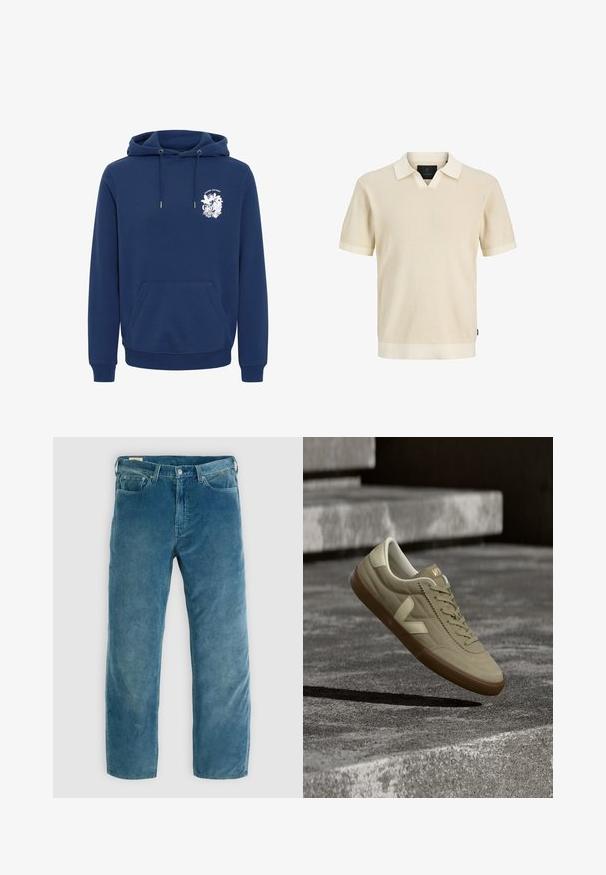 Marineblå hættejakke lavet af blødt stof, med en front kanguro lomme, snore-i-hætten og et hvidt grafisk tryk på brystet.; Beige strik polo shirt med korte ærmer med vaffelstruktur, ribkanter ved ærmekanter og linning samt et lille V-udskæring under kraven.; Lysblå fløjlsjeans med lige ben, der har frontlommer, lynlåsgylf og subtile vertikale ribber i stofstrukturen.; Beige ruskindssneaker med gummisål og lyse cremefarvede detaljer, snørebånd bundet, svævende over teksturerede grå betonstrin i naturligt lys.