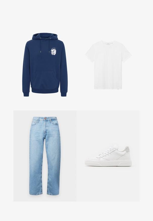 Marineblaue Kapuzenjacke aus weichem Stoff, mit einer vorderen Kängurutasche, Kapuze mit Kordelzug und einem weißen grafischen Druck auf der Brust.; Weißes Baumwoll-T-Shirt mit Rundhalsausschnitt, kurzen Ärmeln und einem dezenten Logo auf der Brust. Glatte Textur und normale Passform.; Hellblaue Jeans aus Denim mit geradem Schnitt, Fünf-Taschen-Design und Knopfverschluss. Glatte Textur und minimale Ausbleichung mit gestickten Akzenten.; Weiße Leder-Sneaker mit glatter Oberfläche, rundem Zehenbereich, flachen Schnürsenkeln und strukturiertem Schuhsohlen. Graues Wildleder-Detail an der Ferse.