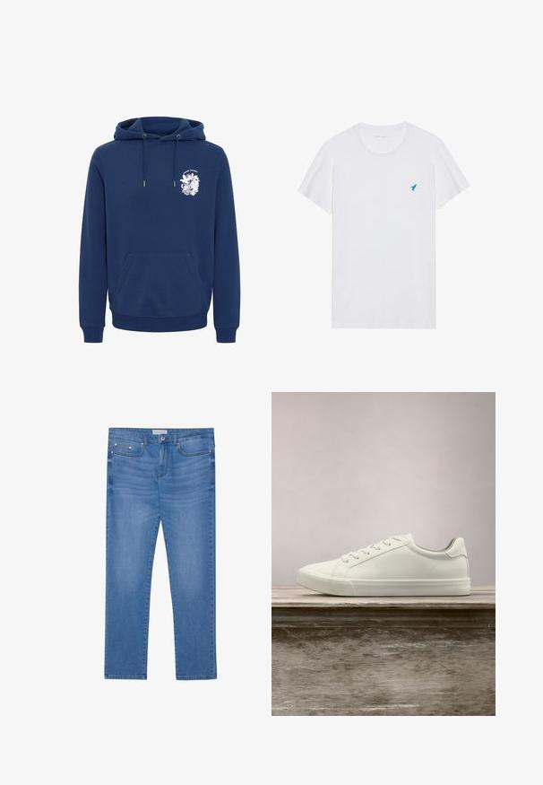 Marineblauwe hoodie van zachte stof, met een voorzak in kangoeroestijl, een capuchon met trekkoord en een witte grafische print op de borst.; Witte katoenen T-shirt met korte mouwen, voorzien van een blauwe geborduurde vogel logo op de linkerborst en een klassieke ronde hals.; Lichtblauwe spijkerbroek met een rechte pijp, vijf zakken, subtiele vervaging en metalen accenten op de taille en zakken.; Witte vetersneaker die boven een houten bank zweeft met groene bladeren op de achtergrond, waarbij het ontwerp en de textuur van de schoen worden getoond.