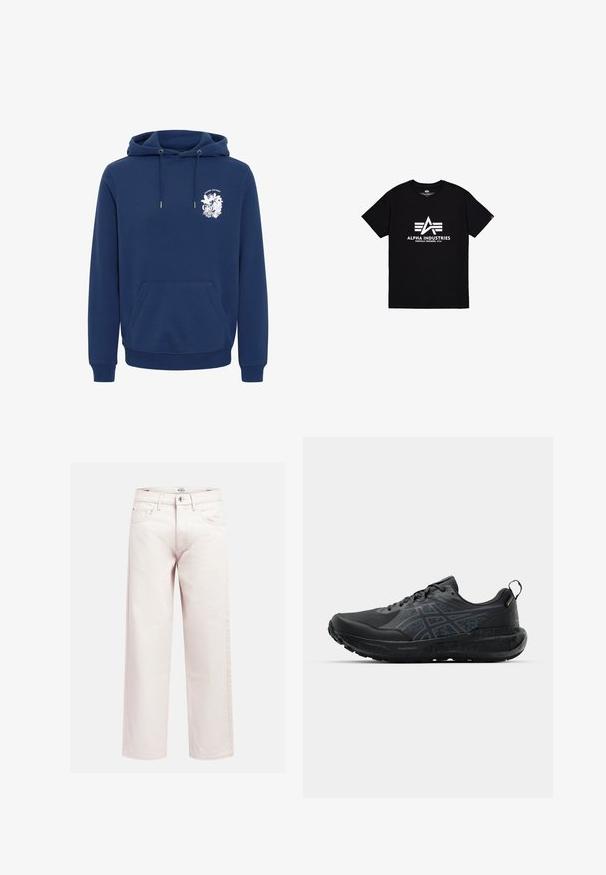 Tumesinine kapuutsiga fliisist dressipluus, millel on ees suur tasku, stringiga kapuuts ja valge graafiline trükk rinna peal.; Must mustakotist T-särk, millel on valge "ALPHA INDUSTRIES" logo koos embleemi ja kolme horisontaalse joonega allpool. Ümar kaelus ja lühikesed varrukad.; Heledat värvi laia säärega teksapüksid kõrge vöökohaga, viie tasku ja peente õmblustega. Valmistatud tugevast puuvillakangast.; Musta spordijalanõud tekstuurse ülemise osa ja peegeldavate aktsentidega, kus on pehme tallaga ja silmapaistva mustriga haardumise tagamiseks.