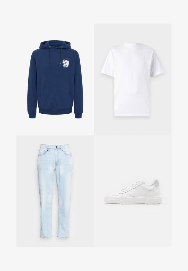 Marineblå hættejakke lavet af blødt stof, med en front kanguro lomme, snore-i-hætten og et hvidt grafisk tryk på brystet.; Hvid kortærmet t-shirt lavet af bomuld med rund hals, der har en glat tekstur og et simpelt design uden mønstre eller accenter.; Lys blå denimjeans med lige ben-design, slidte områder, fem lommer og metalknapdetaljer ved taljen.; Hvide lædersneakers med en glat finish, rund tå, flade snørebånd og en struktureret sål. Grå ruskindsdetalje ved hælen.
