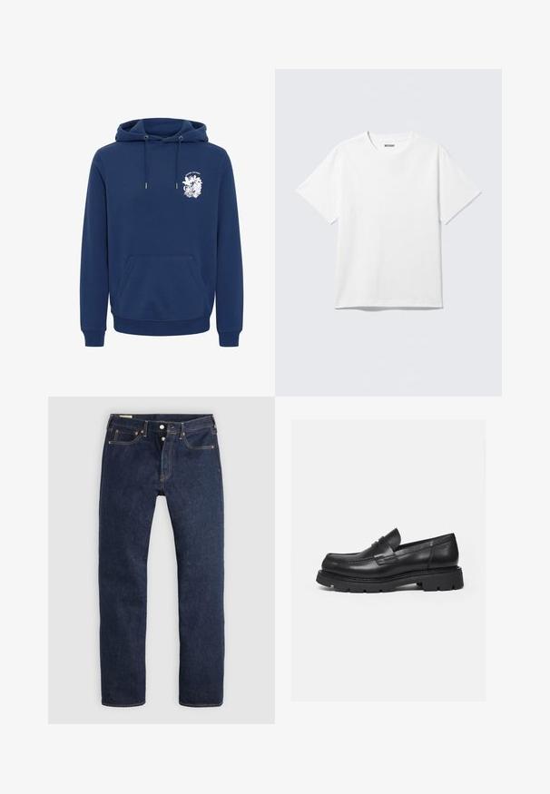 Marineblaue Kapuzenjacke aus weichem Stoff, mit einer vorderen Kängurutasche, Kapuze mit Kordelzug und einem weißen grafischen Druck auf der Brust.; Weißes T-Shirt mit kurzen Ärmeln und Rundhalsausschnitt, flach liegend, schlichtes Design, mit „WEEKDAY“-Etikett innen im Kragen auf hellem Hintergrund.; Dunkelblaue Jeans mit geradem Bein, Knopfleiste, Vorder- und Gesäßtaschen sowie kontrastierender Naht, flach auf hellem Hintergrund liegend.; Schwarzer Lederloafer mit dicker, profilierter Sohle und Pennyriemen-Detail, von der rechten Seitenansicht auf weißem Hintergrund gezeigt.