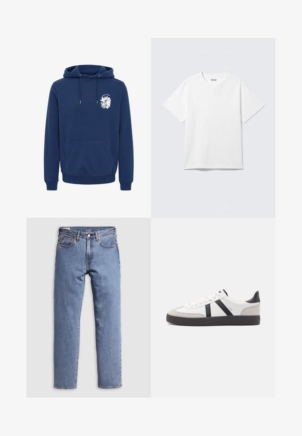 Marineblaue Kapuzenjacke aus weichem Stoff, mit einer vorderen Kängurutasche, Kapuze mit Kordelzug und einem weißen grafischen Druck auf der Brust.; Weißes T-Shirt mit kurzen Ärmeln und Rundhalsausschnitt, flach liegend, schlichtes Design, mit „WEEKDAY“-Etikett innen im Kragen auf hellem Hintergrund.; Straight-leg blaue Denim-Jeans mit vorderem Knopf und Reißverschluss, Gürtelschlaufen und klassischem Fünf-Taschen-Design auf hellgrauem Hintergrund.; Weiße Sneaker mit schwarz- und grau-aczenten, ausgestattet mit einer strukturierten grauen Zehenkappe, schwarzer Gummi-Sohle und flachen weißen Schnürsenkeln. Sauberes Design, minimalistische Stil.
