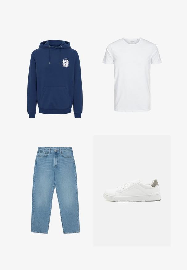 Marineblauwe hoodie van zachte stof, met een voorzak in kangoeroestijl, een capuchon met trekkoord en een witte grafische print op de borst.; Ronde hals kortemouwen t-shirt in effen wit, gemaakt van zachte katoen, heeft een eenvoudig ontwerp zonder zichtbare patronen of accenten.; Lichtblauwe denim jeans met een rechte pijp, vijfzakkenontwerp en een licht verweerde look. Voorzien van een knoop- en ritssluiting.; Witte sneaker van glad leer met een ronde neus, minimalistisch ontwerp, grijze hielaccent en een geplaatste rubberen zool.