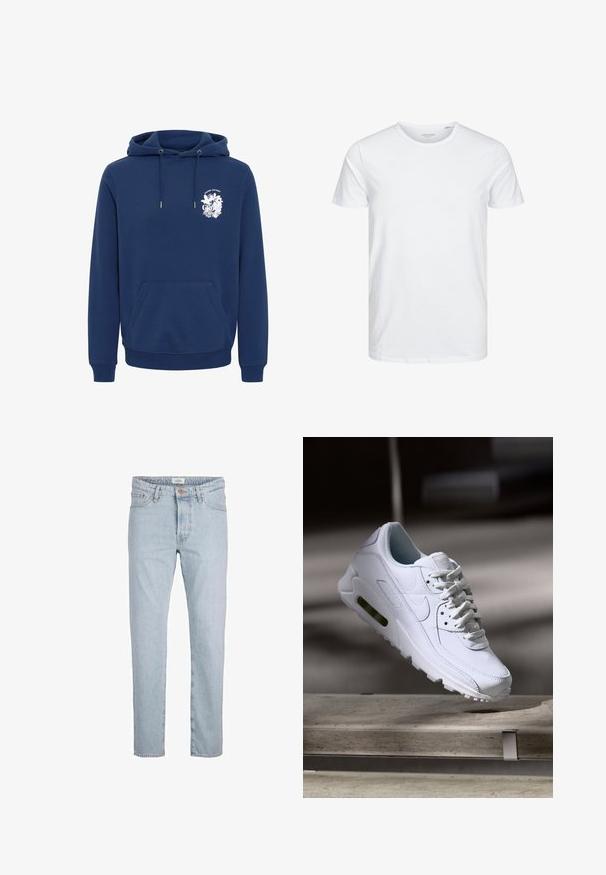 Marineblaue Kapuzenjacke aus weichem Stoff, mit einer vorderen Kängurutasche, Kapuze mit Kordelzug und einem weißen grafischen Druck auf der Brust.; Rundhals-T-Shirt mit kurzen Ärmeln in reinem Weiß, aus weicher Baumwolle, mit einem schlichten Design ohne sichtbare Muster oder Akzente.; Hellblaue Denim-Jeans mit geradem Schnitt, ausgestattet mit einem Frontknopfverschluss, fünf Taschen und subtiler verwaschener Textur.; Weiße Lederturnschuhe mit strukturierten Oberflächen, gepolstertem Kragen und sichtbarer Luftpolsterung in der Sohle. Verfügt über Schnürsenkel und ein minimalistisches Design.
