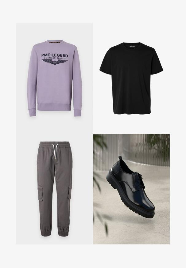 Lila Crewneck-Sweatshirt aus weichem Stoff mit schwarzem Druck auf der Vorderseite "PME LEGEND AMERICAN CLASSIC" und Flügelgrafiken.; Schlichtes schwarzes T-Shirt mit kurzen Ärmeln und Rundhalsausschnitt in Herrenform, ohne sichtbare Muster oder Logos auf der Vorderseite.; Pier One RELAXED CARGO - Cargohose - dark grey; Schwarzer Lederschuh mit glänzender Oberfläche, runder Spitze, Schnürdesign, kontrastierenden Nähten und einer dicken Gummisohle mit Profilmuster.