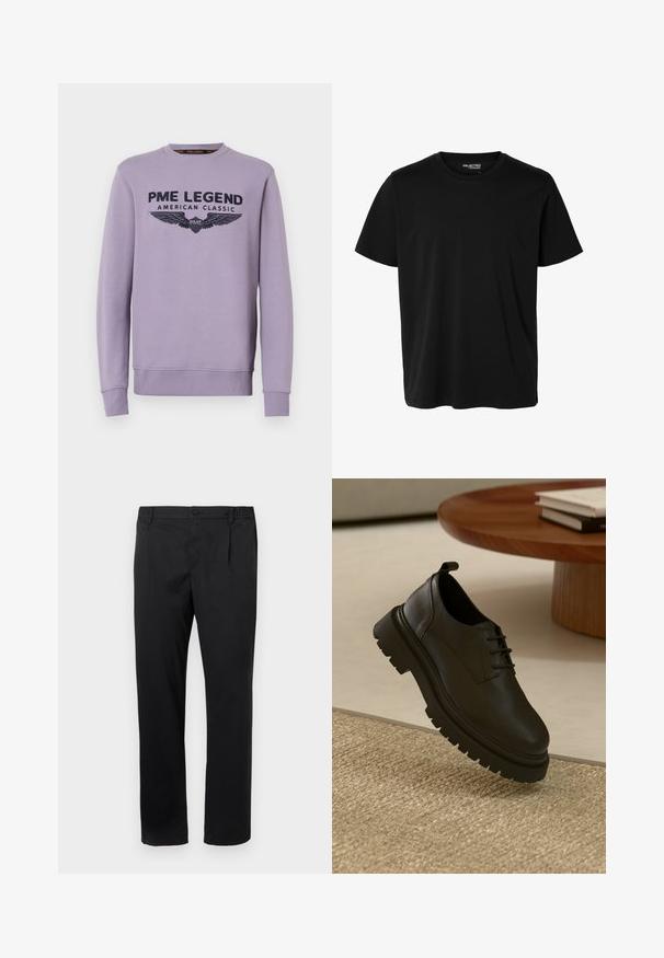 Lila Crewneck-Sweatshirt aus weichem Stoff mit schwarzem Druck auf der Vorderseite "PME LEGEND AMERICAN CLASSIC" und Flügelgrafiken.; Schlichtes schwarzes T-Shirt mit kurzen Ärmeln und Rundhalsausschnitt in Herrenform, ohne sichtbare Muster oder Logos auf der Vorderseite.; Schwarze gerade geschnittene Hosen mit Knopf- und Reißverschluss, Seitentaschen und teilweise elastischem Bund auf einem weißen Hintergrund.; Schwarzer Lederschuh mit strukturierten Oberflächen, runder Zehenpartie, Schnürdesign und einer stabilen schwarzen Gummisohle. Schwebt über einem gewebten Teppich.