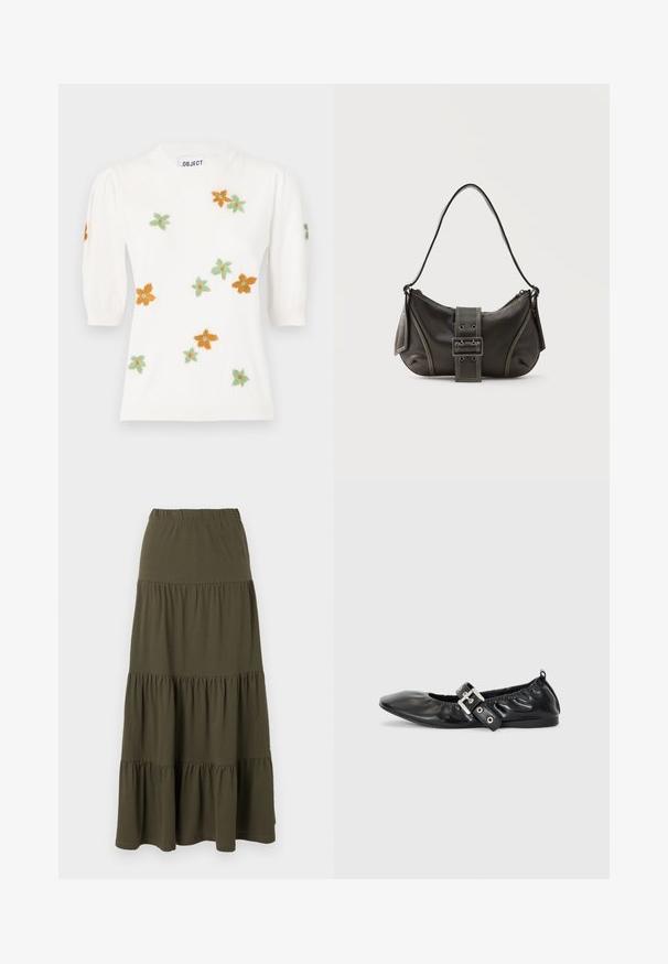 Pull blanc à manches courtes bouffantes, orné de broderies florales orange, vert et jaune. Encolure ronde classique et bord ribbé.; Jupe maxi verte olive à volants avec taille élastique et panneaux de tissu froncés.; Chaussure plate en cuir noir avec un nez pointu, des détails froncés autour de l'ouverture et un accent en boucle argentée sur la bride ajustable.; Sac à épaule en cuir noir avec une sangle à boucle, des bords arrondis et des coutures blanches contrastées sur un fond uni.