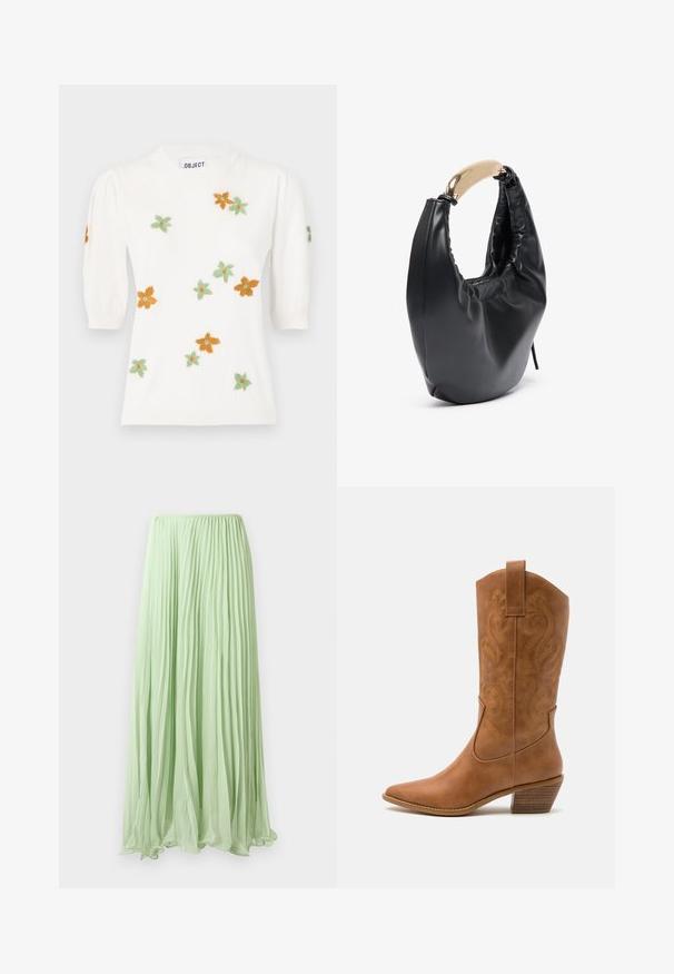Pull blanc à manches courtes bouffantes, orné de broderies florales orange, vert et jaune. Encolure ronde classique et bord ribbé.; Jupe longue plissée vert clair avec un tissu fluide et une taille élastique, présentée sur un fond blanc.; Bottes de cow-boy en cuir tan avec un bout pointu, des motifs en spirale brodés sur la tige, et un talon bloc empilé. Équipées d'une languette pour un enfilage facile.; Sac à main en simili cuir noir avec une silhouette courbée. Caractéristiques d'une poignée en métal doré brillant et d'une texture froncée le long de l'ouverture supérieure.