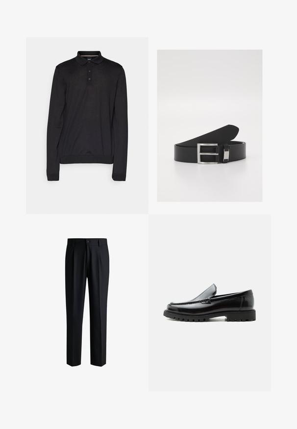 Zwarte poloshirt met lange mouwen, gemaakt van gladde stof, met een klassieke kraag, een drievoudige knoopsluiting en geribbelde manchetten en zoom.; Zwarte broek van gladde stof, met een rechte pijpdesign, plooien aan de voorkant en een knoopsluiting met riemlussen.; Zwarte leren loafer met dikke rubberen zool, gestikte bovenkant en gegraveerde merknaam op de hiel, zijaanzicht op witte achtergrond.; Zwarte leren riem met een slanke, gladde textuur, voorzien van een zilveren metalen gesp en subtiele brandingdetails.