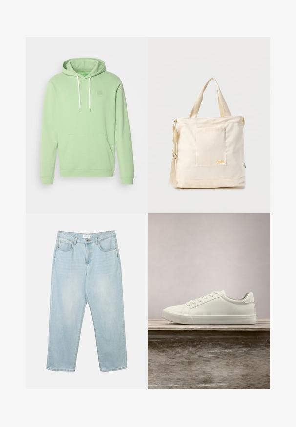 Mintgroene hoodie van zachte stof met een kangoeroezak, een capuchon met trekkoord en een klein logo detail op de borst.; Lichtblauwe denim jeans met een relaxte fit, vijf zakken, een knoopsluiting en subtiele vervaging. De textuur is glad en licht versleten.; Witte vetersneaker die boven een houten bank zweeft met groene bladeren op de achtergrond, waarbij het ontwerp en de textuur van de schoen worden getoond.; Crèmekleurige canvas boodschappentas met voorvak, twee handvatten, verstelbare schouderriem en kleine gele "O.N.S" tekst rechtsonder op het vak.