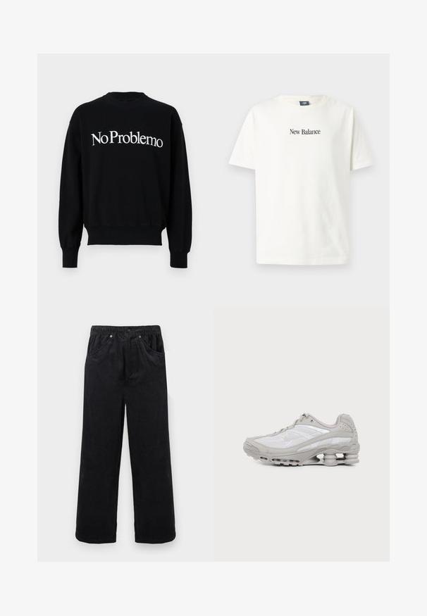 Sort sweatshirt med rund hals, prydet med hvid tekst "NoProblemo" henover brystet. Ribstrikkede manchetter og kant, blødt stof.; Hvid bomulds-T-shirt med korte ærmer og rund halsudskæring, med sort "New Balance"-logo trykt på fronten.; Sorte vidde bukser i ribfløjl med elastisk linning, knap- og lynlåslukning samt forlommer mod en lys baggrund.; Grå og hvid atletiksko med synlig luftpolstret sål og mesh-paneler, vist i profil på en ensartet lys baggrund.