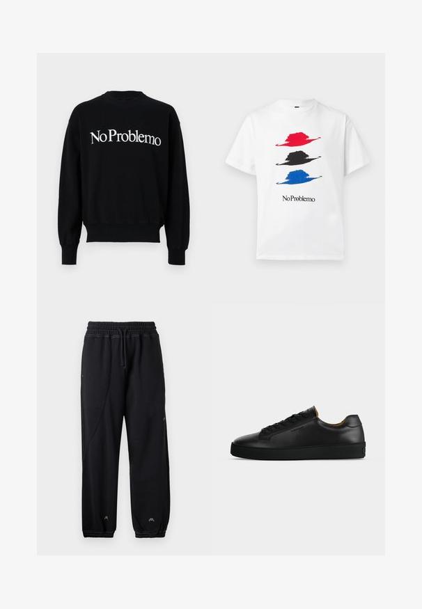 Sort sweatshirt med rund hals, prydet med hvid tekst "NoProblemo" henover brystet. Ribstrikkede manchetter og kant, blødt stof.; Hvid t-shirt med tre stiliserede hatte i rød, sort og blå, og teksten "No Problemo" i sort under designene.; Sorte sweatpants med elastisk talje og snøre. Har sidelommer og elastiske manchetter, lavet af et blødt stof.; Sort lavtopet læder-sneaker med sorte snørebånd, tekstureret gummisål og lille præget logo på siden, vist i profil mod grå baggrund.