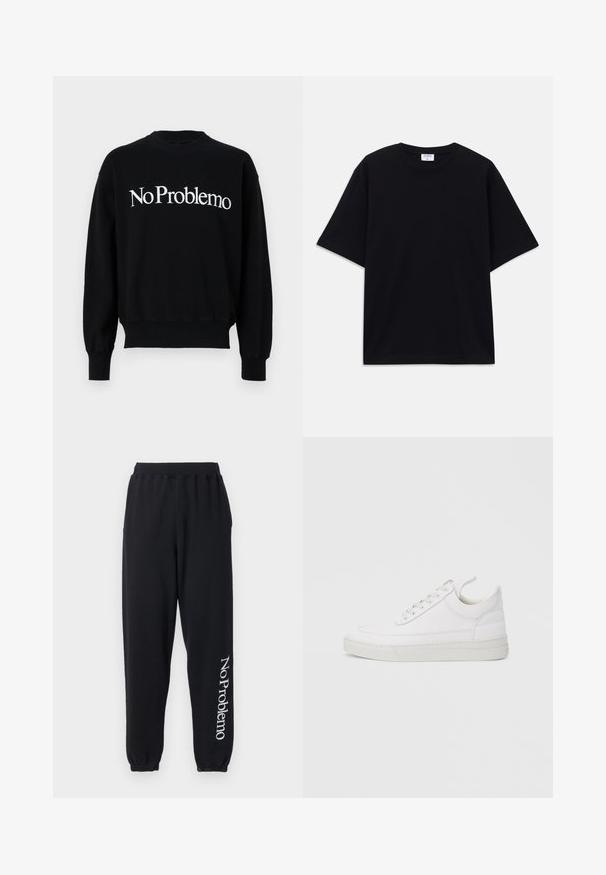 Sweatshirt noir, col rond, arborant le texte blanc "NoProblemo" sur la poitrine. Manches et ourlet côtelés, texture de tissu douce.; T-shirt noir à manches courtes oversize avec un col rond et une étiquette de marque Filippa K visible à l'intérieur du col.; Pantalon de survêtement noir en tissu doux, avec une coupe fuselée et des poignets élastiques. "No Problemo" imprimé en blanc le long de la jambe gauche.; Baskets en cuir blanc avec un embout arrondi, une semelle plate et un laçage à l'avant. Présentent des détails de couture et un col rembourré pour plus de confort.