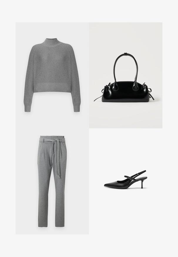 Suéter gris de canalé con un cuello alto, hombros caídos y mangas largas. Presenta un tejido texturizado y un dobladillo corto.; Pantalones grises con una textura suave, que presentan una cintura alta con cinturón, bolsillos laterales y un diseño de pierna recta.; Zapatos de tacón slingback de cuero negro con punta afilada, correa ajustable delgada y un tacón de aguja de aproximadamente 5 cm, textura suave.; Pequeño bolso negro brillante con dos asas largas y detalles de cordón lateral sobre un fondo claro liso.