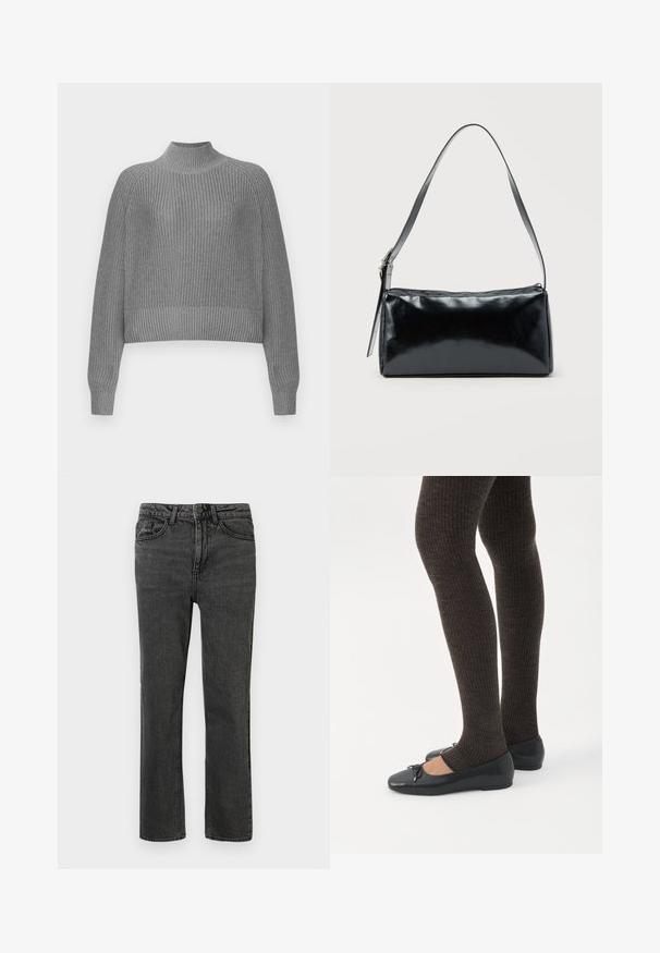 Pull gris à côtes avec un col montant, des épaules tombantes et des manches longues. Présente un tricot texturé et un ourlet cropped.; Jeans en denim noir avec une coupe droite, comportant cinq poches, des passants de ceinture et une fermeture à bouton à l'avant. Le tissu texturé présente une légère usure.; Jambes portant des leggings côtelés foncés associés à des ballerines noires avec de petits détails en nœud sur fond blanc.; Sac d'épaule rectangulaire noir avec une sangle réglable unique et une fermeture éclair supérieure sur un fond uni.