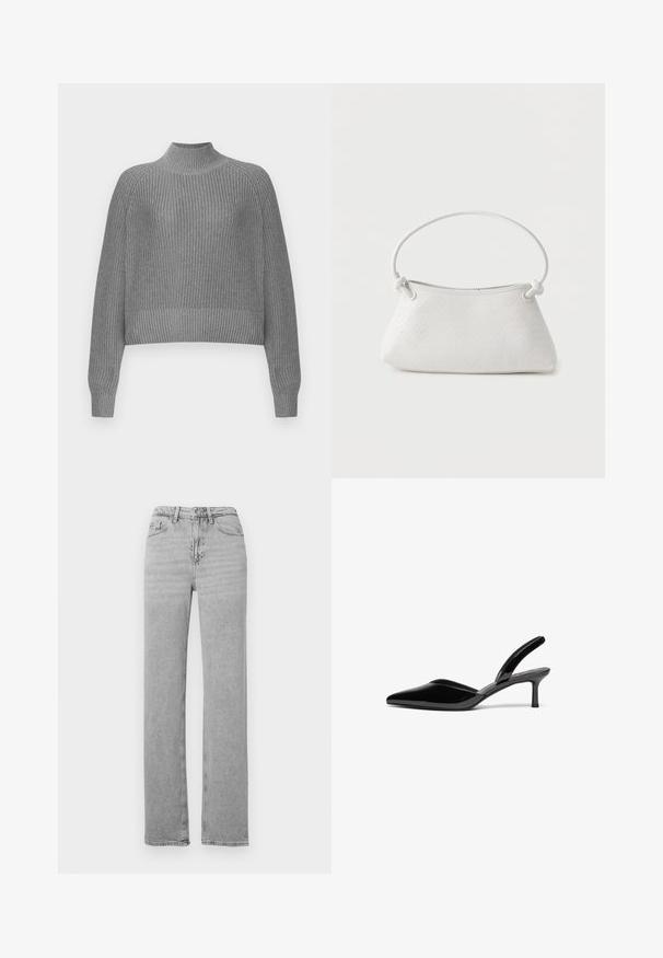 Pull gris à côtes avec un col montant, des épaules tombantes et des manches longues. Présente un tricot texturé et un ourlet cropped.; Jean denim gris clair à jambes droites avec bouton et fermeture éclair à l'avant, passants de ceinture et design cinq poches.; Escarpins à talon aiguille en cuir verni noir, avec un bout pointu, un talon aiguille bas et un design élégant et simple sans embellissements.; Sac à main en cuir tressé blanc avec poignée arrondie et extrémités de lanière nouées, présenté sur un fond uni.