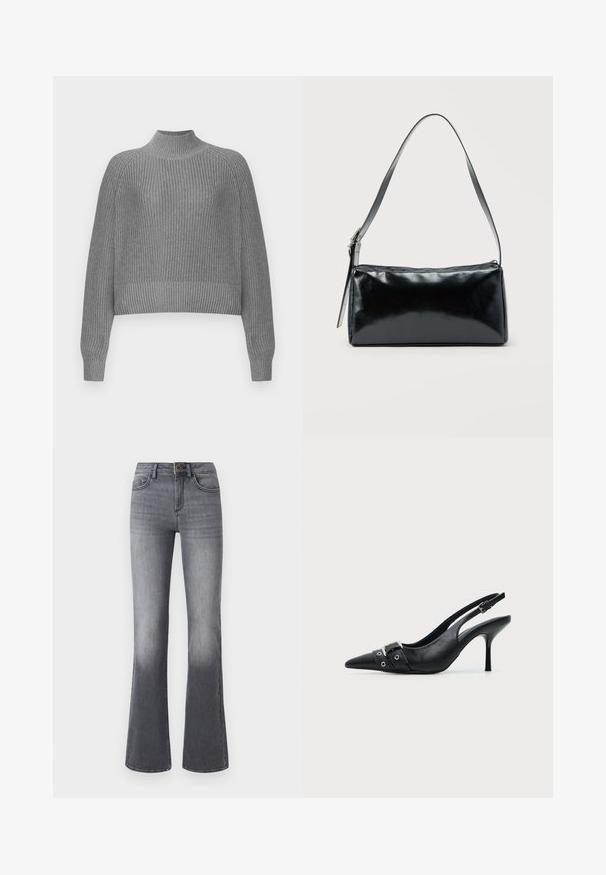 Pull gris à côtes avec un col montant, des épaules tombantes et des manches longues. Présente un tricot texturé et un ourlet cropped.; Jean flare taille haute en denim gris foncé, avec poches frontales, fermeture à bouton et légère décoloration vers l'ourlet.; Escarpin slingback à talon haut en cuir noir avec bout pointu, boucle et détail de bride œillet à l'avant.; Sac d'épaule rectangulaire noir avec une sangle réglable unique et une fermeture éclair supérieure sur un fond uni.
