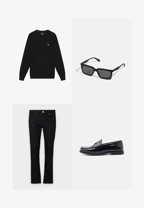 Zwarte katoenen sweatshirt met lange mouwen en een ronde hals. Voorzien van een klein geel adelaarslogo op de borst. Zachte textuur.; Zwarte denim jeans met een slim fit, rechte pijpen, vijf-pocket stijl en metalen knoopsluiting, met minimale stikseldetails.; Zwarte leren loafers met een glanzende afwerking, voorzien van een gestikt ontwerp op de neus en een lage, zwarte rubberen zool met structuur.; Zwarte zonnebril met rechthoekige lenzen, matte afwerking, dikke montuur en slanke veren met subtiele merkaanduiding.