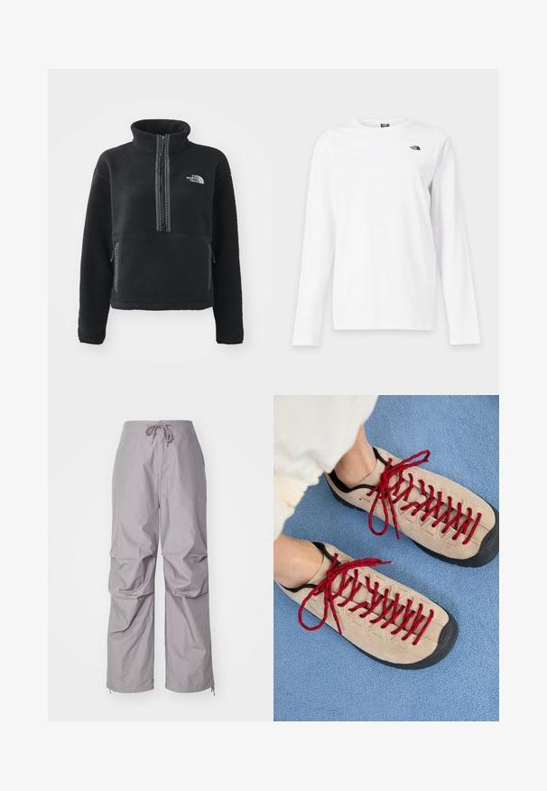 Čierny flísový pulóver s vysokým golierom, štvrťzipsom, predným vreckom a kontrastným prešívaním. Na hrudi je logo The North Face.; Biele tričko s dlhým rukávom a okrúhlym výstrihom s malým čiernym logom The North Face na ľavej strane hrudníka.; Sivé, voľné nohavice vyrobené z ľahkého materiálu, s elastickým pásom na šnúrku a zužujúcimi sa rukávmi so zipsami. Štruktúrovaný povrch.; Béžové topánky s červenými šnúrkami sú položené na modrej textúrovanej ploche, pričom čiastočne odhaľujú členok osoby. Topánky majú športový dizajn.