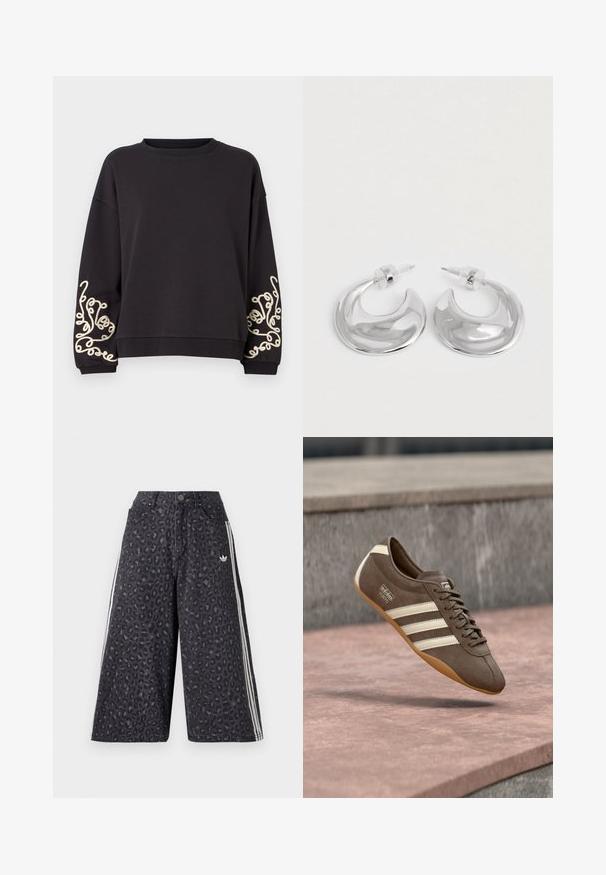 Zwarte sweatshirt met lange mouwen en een ronde halslijn. Bevat intrigerende crèmekleurige borduursels op beide manchetten. Zachte stoftextuur.; Zwarte denim culottes met een luipaardprint, voorzien van witte zijkanten en een klein logo aan de voorkant. Standaard taille met knoopsluiting.; Bruine suède sneaker met witte strepen en merklogo's, voorzien van een ronde neus en een zool van tandgumrubber, zwevend boven een getextureerd oppervlak.; Een paar gepolijste zilveren halve maanvormige creolen met heldere plastic achterkanten op een witte ondergrond.