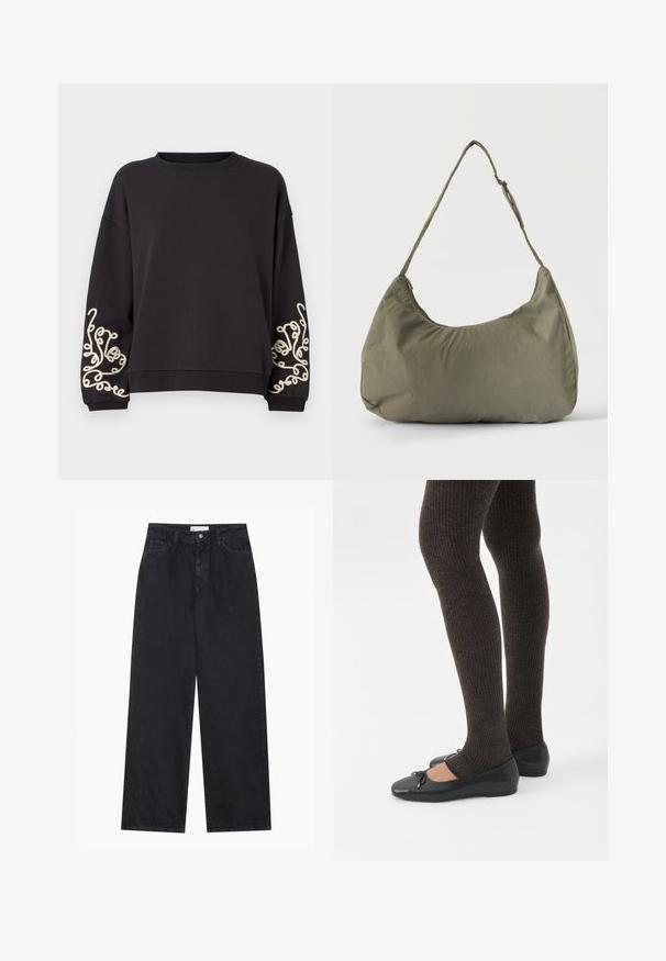 Zwarte sweatshirt met lange mouwen en een ronde halslijn. Bevat intrigerende crèmekleurige borduursels op beide manchetten. Zachte stoftextuur.; Zwarte high-waisted spijkerbroek met wijde pijpen, frontknopen en ritssluiting, ceintuurlussen en een vijf-pocket stijl.; Benen met donkere geribbelde leggings gecombineerd met zwarte ballerina's met kleine strikdetails op een witte achtergrond.; Schoudertas van zacht olijfgroen stof met ritssluiting en verstelbare band op een effen lichte achtergrond.