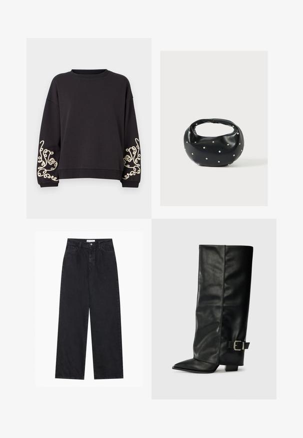 Zwarte sweatshirt met lange mouwen en een ronde halslijn. Bevat intrigerende crèmekleurige borduursels op beide manchetten. Zachte stoftextuur.; Zwarte high-waisted spijkerbroek met wijde pijpen, frontknopen en ritssluiting, ceintuurlussen en een vijf-pocket stijl.; Zwarte leren enkellange laarzen met een spitse neus, een gladde textuur en een zilveren gesps Accent aan de zijkant. Stevige vierkante hak.; Zwarte leren handtas met een afgeronde vorm, versierd met zilveren studs, en een korte handgreep. Gladde textuur en ritsluiting.