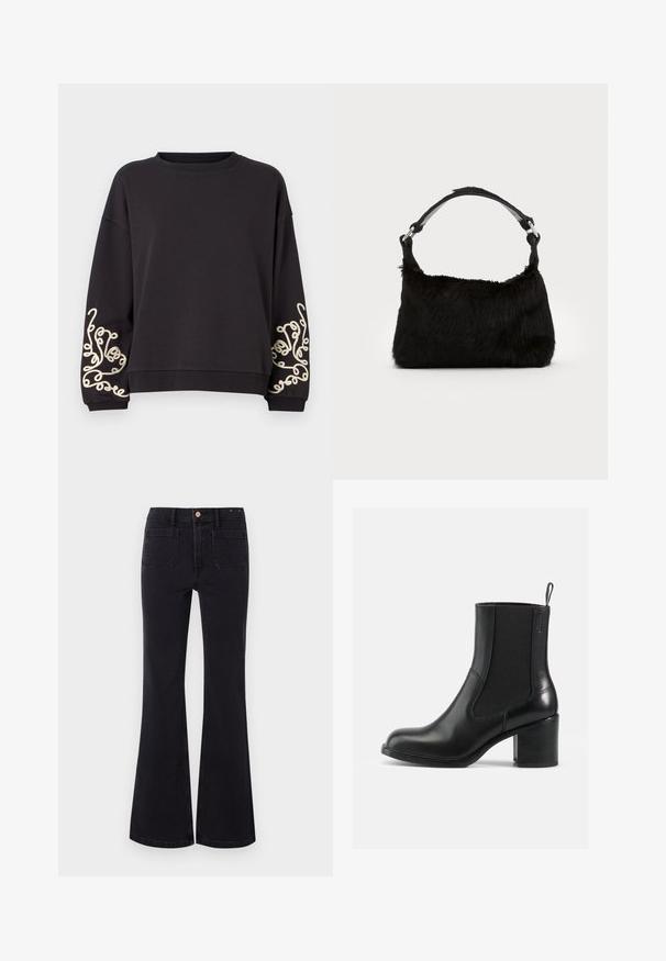 Sort sweatshirt med lange ærmer og rund halsudskæring. Har detaljeret cremefarvet broderi på begge ærmer. Blød stofstruktur.; GAP FLARE TAYLORSON - Flared jeans - basic black; Sort læder ankelstøvle med elastiske sidepaneler, rund tå og blokhæl. Glat tekstur med minimale syninger.; Sort faux fur håndtaske med en blød tekstur, rund form og en robust skulderrem i sort læder. Synlige sølvhardware-detaljer.