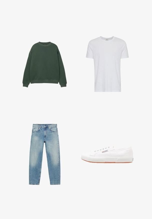 Mørkegrøn sweatshirt med rund hals, lange ærmer og ribbede manchetter. Fremstillet af et blødt, struktureret stof med et afslappet fit design.; Plain hvid kortærmet t-shirt med rund hals, vist på en hvid baggrund, med et lille nakke-label, der viser mærket “Solid”.; Blå straight-leg denim jeans med forlommer og bæltestropper, der viser let falmede detaljer på lår og knæ.; Hvide kanvas sneakers med gummisål, snørebåndsdesign og et lille logo mærke på siden. Tekstureret hvid overdel og brun ydersål.