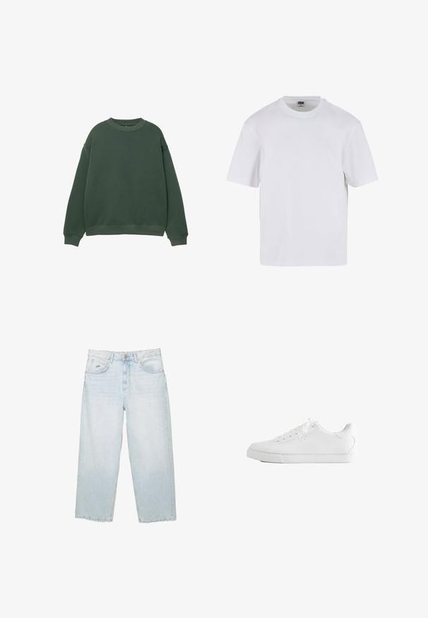 Mørkegrøn sweatshirt med rund hals, lange ærmer og ribbede manchetter. Fremstillet af et blødt, struktureret stof med et afslappet fit design.; Hvid kortærmet t-shirt lavet af bomuld. Har en rund halsudskæring og en afslappet pasform. Glat tekstur, minimalistisk design, ingen mønstre eller accenter.; Lysblå højtaljede straight-leg jeans med frontknap, lommer og lille mærket metalmærke på den højre forlommer.; Hvid lavtop sneakers med snørebånd, glat læderoverdel og flad gummiå sole set fra siden på en hvid baggrund.