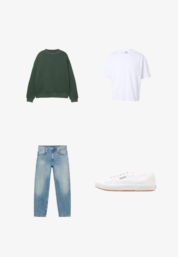 Donkergroen sweatshirt met een ronde hals, lange mouwen en geribde boorden. Gemaakt van een zachte, gestructureerde stof met een relaxte pasvorm.; Effen witte katoenen T-shirt met korte mouwen, ronde hals, losse pasvorm en Urban Classic merklabel aan de binnenkant van de kraag.; Jeans met rechte pijpen van blauwe denim, met voorzakken en riemlussen, met lichte vervaagde details op dijen en knieën.; Witte canvas sneakers met een rubberen zool, vetersluiting en een klein logolabel aan de zijkant. Gewreven wit bovenwerk en een bruine zool.