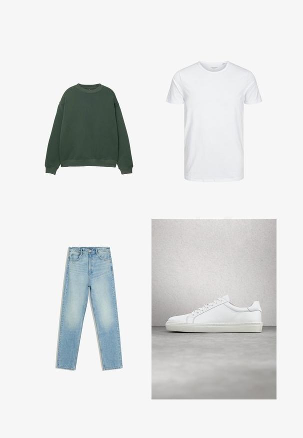 Dunkelgrüner Pullover mit Rundhalsausschnitt, langen Ärmeln und gerippten Bündchen. Hergestellt aus einem weichen, strukturierten Stoff mit einer lockeren Passform.; Rundhals-T-Shirt mit kurzen Ärmeln in reinem Weiß, aus weicher Baumwolle, mit einem schlichten Design ohne sichtbare Muster oder Akzente.; Hellblaue Jeans mit hoher Taille und geradem Bein, mit Taschen vorne und hinten sowie Knopfverschluss vor weißem Hintergrund.; Weißer Sneaker mit glattem Lederobermaterial und niedrigem Profil. Verfügt über eine runde Zehenpartie, sechs Ösen und eine strukturierte Gummisohle.